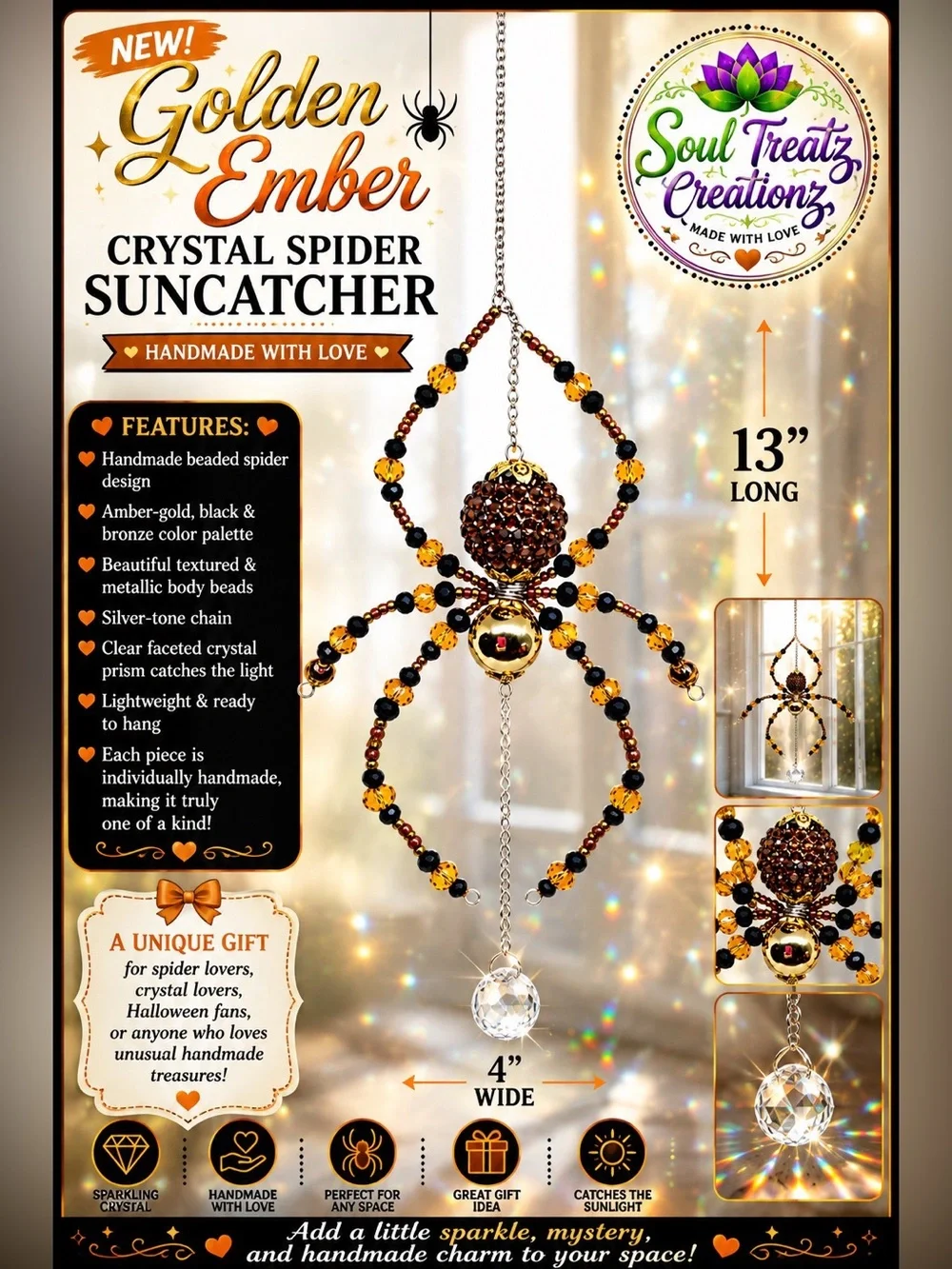 Gold & Amber Beaded Crystal Sun Catcher
